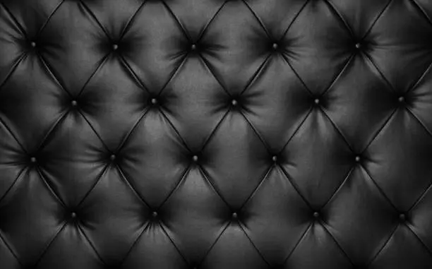 Close up background texture of black capitone genuine leather, retro Chesterfield style soft tufted furniture upholstery with deep diamond pattern and buttons