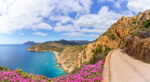 Landscape with Plage de Bussaglia and Calanques de Piana, Corsica island, France