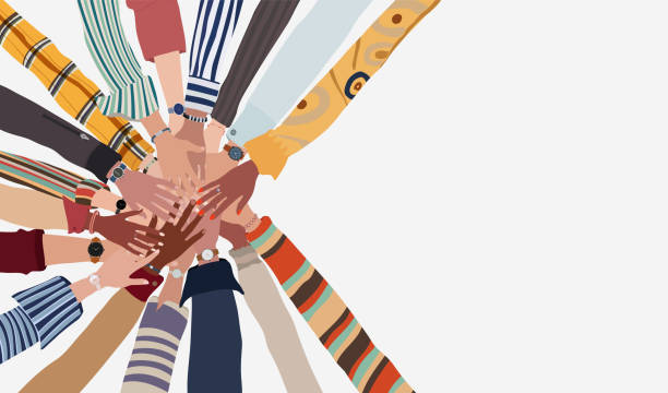 stockillustraties, clipart, cartoons en iconen met group of hands on top of each other in a circle of people of diverse culture and race. cooperation or agreements. multiethnic colleagues or friends. multicultural community team or society - handen