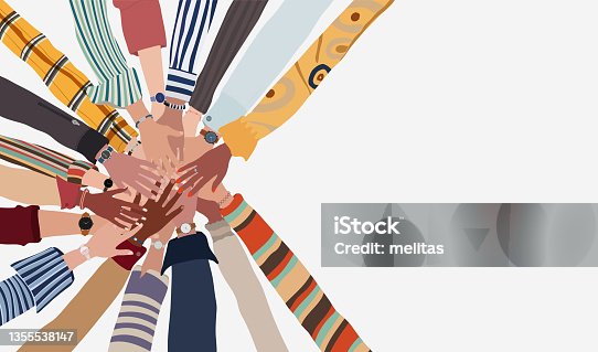 istock Group of hands on top of each other in a circle of people of diverse culture and race. Cooperation or agreements. Multiethnic colleagues or friends. Multicultural community team or society 1355538147