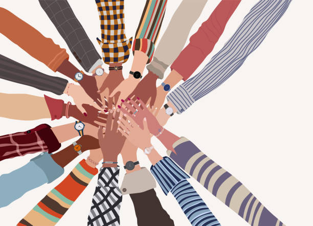 Group of hands on top of each other in a circle top view of multicultural people.Agreement pact bargain between fellow collaborators or co-workers.Cooperation between multi-ethnic people vector art illustration