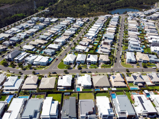 istock Aerial view of new modern suburb, background with copy space 1355542464