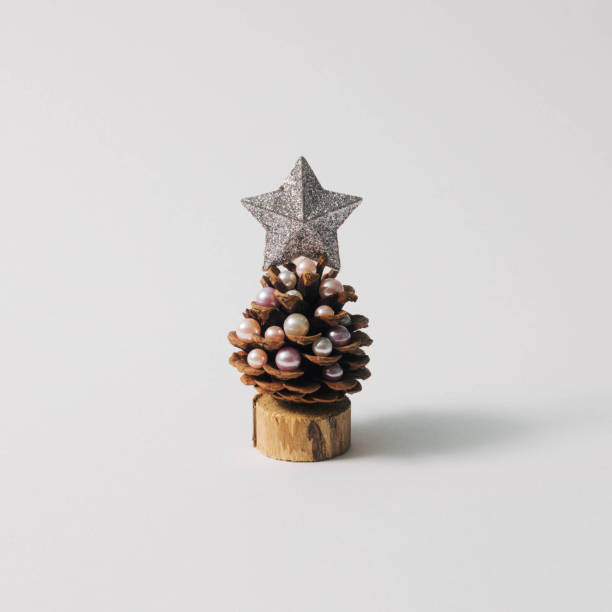 Pinecone like a Christmas tree with star on top, white background