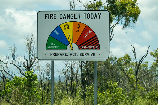 Bruce Highway Townsville to Mackay, Queensland, Australia - November 2021: Sign measuring fire danger today