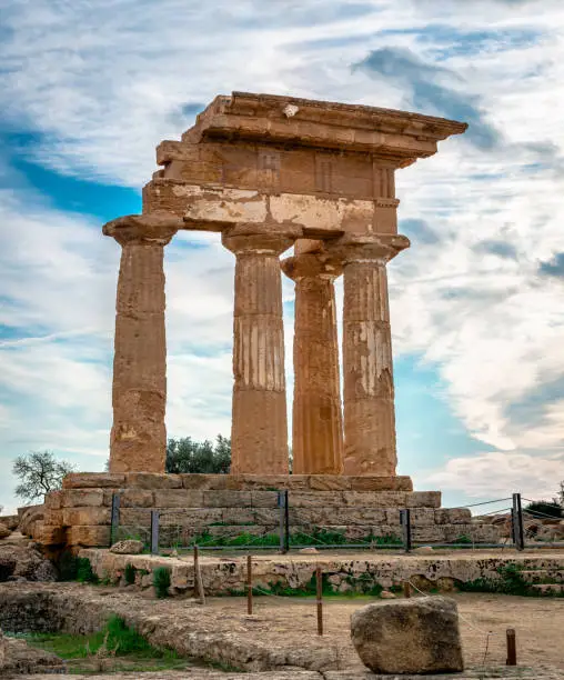 The ruins of the Temple of Dioscuri in the Valley of the Temples, in Akragas, an ancient Greek city on the site of modern Agrigento, Sicily, Italy.