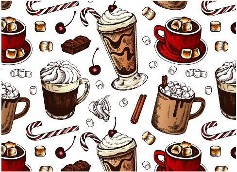 Outline drawing pattern with colorful hot chocolate isolated on white background. Sketch hand drawn winter drinks wallpaper. Christmas menu. Marshmallow, candy cane, whipped cream. Vector illustration