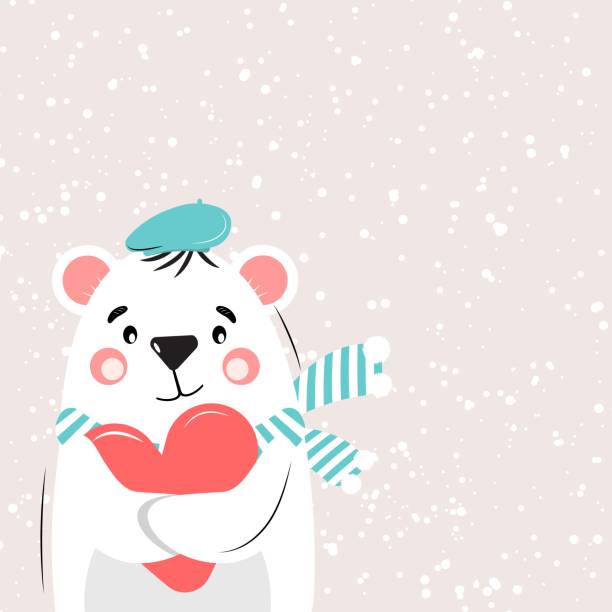 Cute polar bear enjoying snow and holding a heart. St. Valentines's day concept. Vector illustration. Cute polar bear enjoying snow and holding a heart. St. Valentines's day concept. Vector illustration. heart shape valentines day fur pink stock illustrations