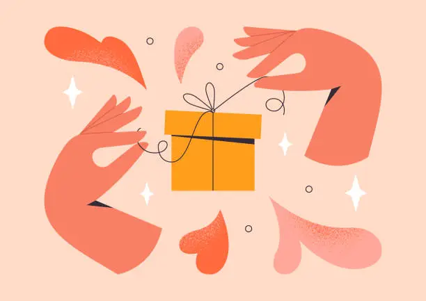 Vector illustration of Opening gift box. Hands unwrapping colorful present packaging. Birthday surprise, Christmas celebration, holidays greeting concept
