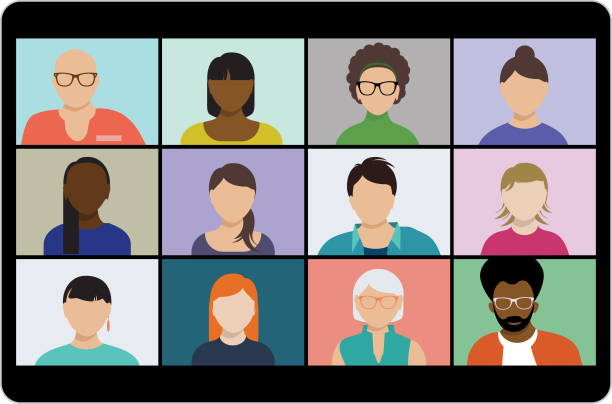 VIRTUAL MEETING ILLUSTRATION OF A SCREEN WITH SEVERAL PEOPLE OF DIFFERENT ETHNICS IN A VIRTUAL MEETING internet dating stock illustrations