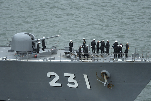 Tokyo, Japan - October 22, 2019:Japan Maritime Self-Defense Force OTO Melara 76 mm naval gun on JS Oyodo (DE-231).