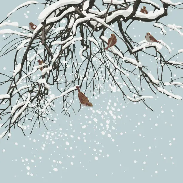 Vector illustration of winter landscape with snow covered tree and birds