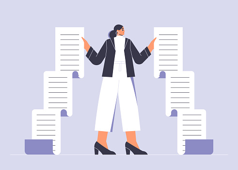 Business woman in a suit holding a long sheet of paper. Businesswoman with a big checklist, to do list, document with tasks. Busy female person concept