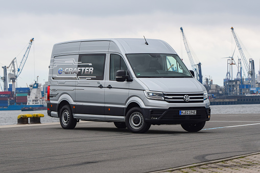 Hamburg, Germany - 30 August, 2018: Zero emission delivery van Volkswagen e-Crafter stopped on a street. This model is the first full electric delivery van from Volkswagen brand.