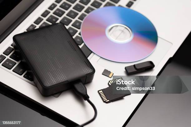 Multiple Storage Devices Data Security Stock Photo - Download Image Now - Hard Drive, USB Stick, External Hard Disk Drive