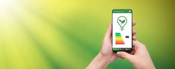 istock Energy efficiency mobile app on screen, eco house 1355553242