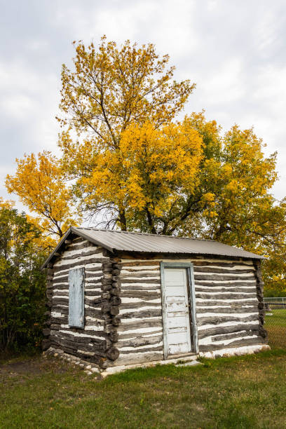 An old pioneer log cabin with fall colors in North Dakota.