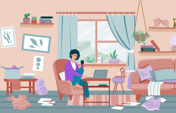Concept of apathy and depression Concept of apathy and depression. Young lazy woman sitting in dirty, untidy apartment. Mess around character. Mental problems or psychological disorder. Cartoon modern flat vector illustration cluttered stock illustrations
