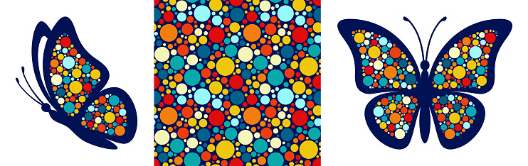 Navy blue butterflies with dotted wings and colorful seamless pattern