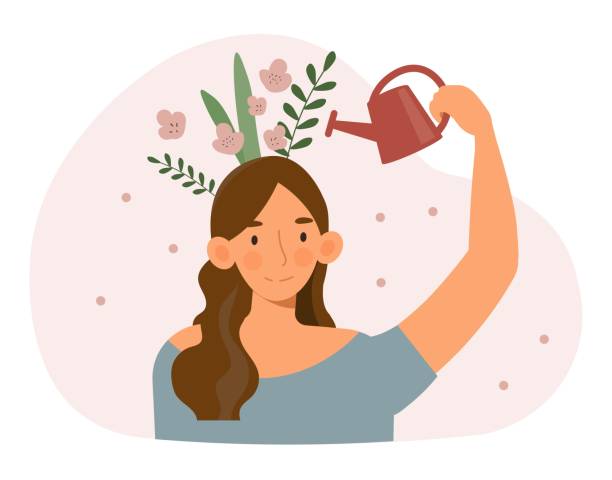 Positive thinking concept Positive thinking concept. Happy young woman watering flowers on her head. Metaphor of mental health and well being. Emotional stability and good mood. Cartoon modern flat vector illustration grooming animal behavior stock illustrations
