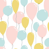 istock Cute seamless pattern with blue, yellow and pink balloons. Illustration of holiday in flat style for wallpaper, textiles, fabric. Vector 1355565470