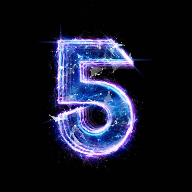 istock digit 5 blue hologram isolate on black background. 3D render, 3D illustration. 1355566165