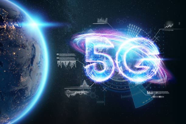 istock Hologram 5G creative mobile technology background. 5G network concept, high speed mobile internet, new generation networks. Mixed media. 3D render, 3D illustration. 1355566190