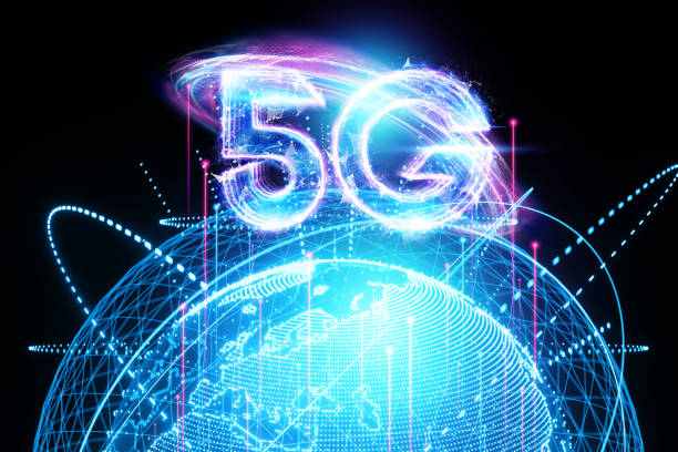 istock Hologram 5G creative mobile technology background. 5G network concept, high speed mobile internet, new generation networks. Mixed media. 3D render, 3D illustration. 1355566206