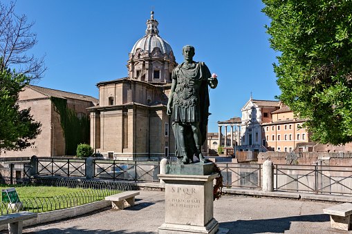 domes of the Church of the Most Holy Name of Mary and Santa Maria di Loreto in Rome seen from Piazza Venezia; Rome, Italy