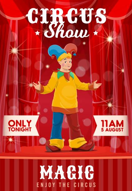 illustrazioni stock, clip art, cartoni animati e icone di tendenza di poster del circo shapito, personaggio del clown dei cartoni animati - curtain red color image clown