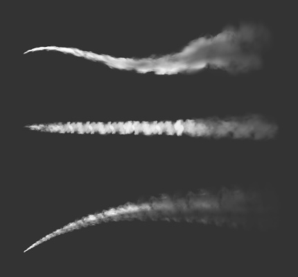 Airplane chemtrails or jet plane smoke trails realistic vector. White contrail clouds of aircraft engine exhaust on transparent background, jet airplane vapor or water condensation traces