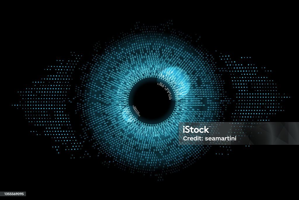 Digital eye data network cyber security technology Digital eye, data network and cyber security technology, vector background. Futuristic tech of virtual cyberspace and internet secure surveillance, binary code digital eye or safety scanner Eye stock vector