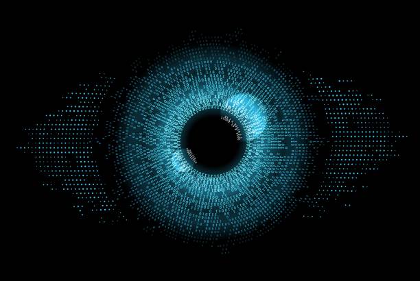 Digital eye data network cyber security technology Digital eye, data network and cyber security technology, vector background. Futuristic tech of virtual cyberspace and internet secure surveillance, binary code digital eye or safety scanner hud stock illustrations