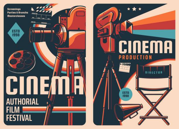 Cinema festival and movie production posters Cinema festival and movie production posters. Movie theatre screenings, video studio vector vintage banners with cinema camera on tripod, film reel and clapper, movie director chair and loudspeaker film poster stock illustrations