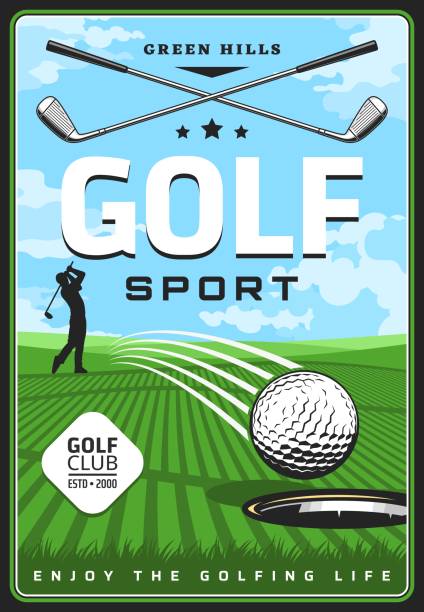 Golf course with golfer, ball, club retro poster Golf course with golfer and clubs retro poster. Vector golf sport player hitting ball with wedge or driver, green grass play field and hole, sporting competition and championship tournament invitation hole cards stock illustrations