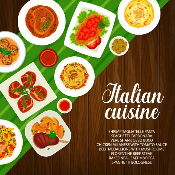 illustrazioni stock, clip art, cartoni animati e icone di tendenza di cucina italiana, pasta menu, ristorante italia - veal medallion beef gourmet