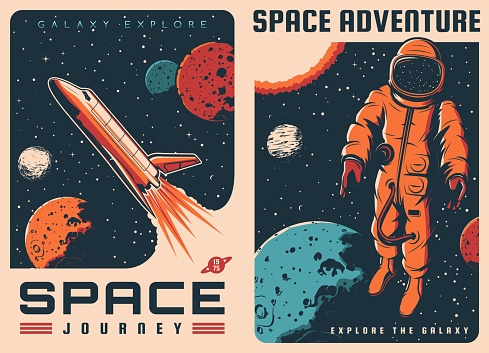 Spaceship and astronaut in outer space retro posters. Vector vintage cards cosmic journey, universe exploration and adventure. Cosmonaut in spacesuit float in weightlessness, galaxy research mission