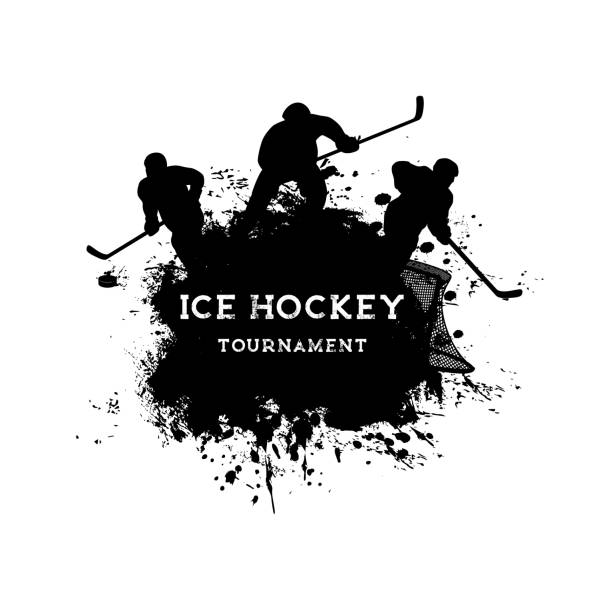 Ice hockey sport grunge poster, player silhouettes Ice hockey sport grunge poster with hockey players vector black silhouettes. Ice hockey game team players on rink with sticks, pucks, uniform helmets and goal gate, paint brush strokes and splashes hockey stock illustrations