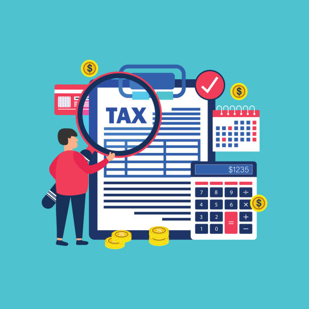 Concept tax payment. Data analysis, paperwork, financial research report and calculation of tax return USA ,India, Tax, Tax Form, Calculator, Calendar, Coin, Credit card, People, Magnifying Glass debt ceiling stock illustrations