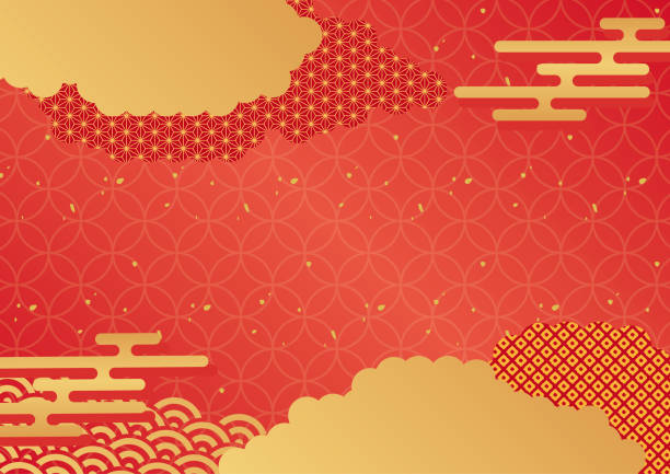 Red Japanese Pattern Background with Clouds and Haze Red Japanese Pattern Background with Clouds and Haze seigaiha stock illustrations