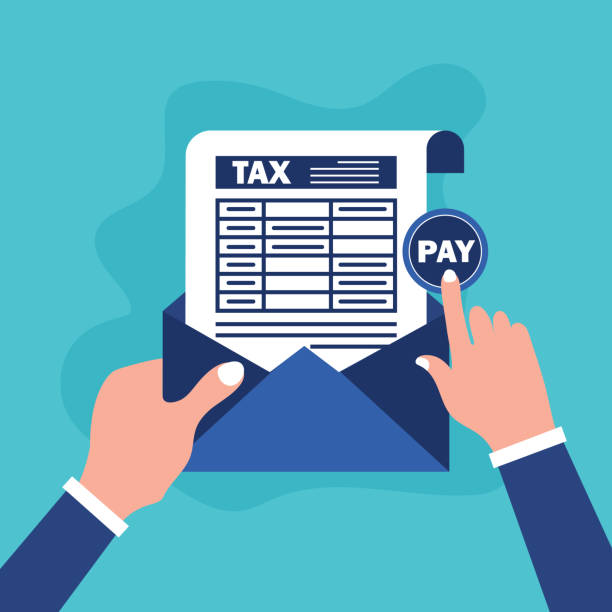ilustraciones, imágenes clip art, dibujos animados e iconos de stock de sobre de correo en papel con declaración de impuestos - tax form tax backgrounds finance