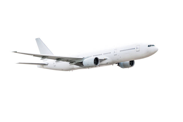 白い背景に隔離された白い広いボディ旅客機を飛ぶ - 飛行機 ストックフォトと画像