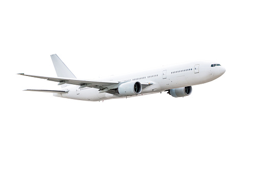 Flying white wide body passenger airplane isolated on white background