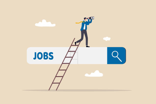 ilustrações de stock, clip art, desenhos animados e ícones de looking for new job, employment, career or job search, find opportunity, seek for vacancy or work position concept, businessman climb up ladder of job search bar with binoculars to see opportunity. - job listing