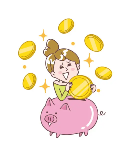 Vector illustration of A woman who happily saves coins