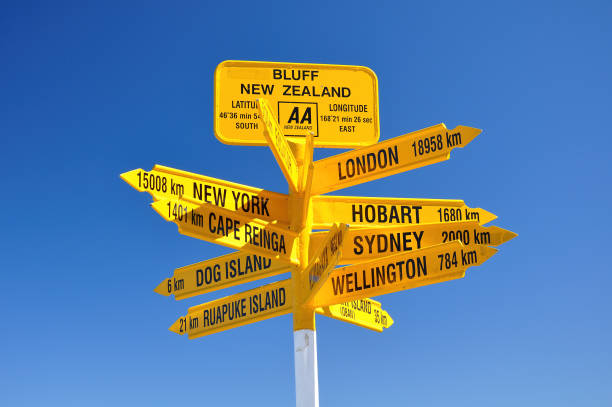 View of Signpost at Stirling Point, Bluff, New Zealand stock photo
