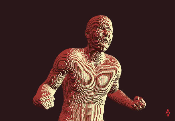 istock Man shouting and holding fists. Emotional overwhelmed guy yelling. Life perception or achievement concept. Come on, you can do it! Voxel art. 3D vector illustration. 1355597503