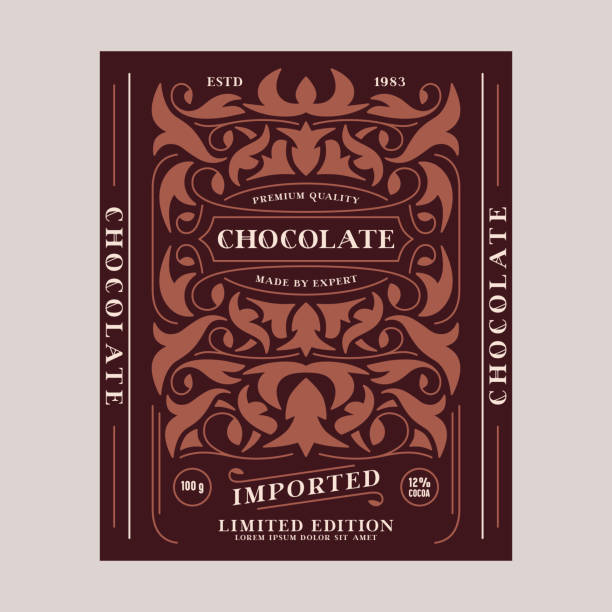 Template decorative label for chocolate. Floral ornament in vintage style. Vector illustration. Color print on brown background