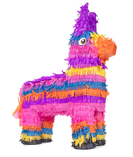 istock Bright colorful donkey pinata isolated on white background 1355603495