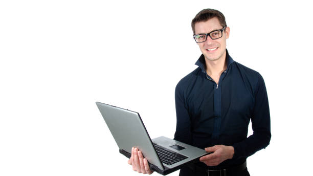 istock Funny handsome man with laptop. Vacation and work. 1355603778