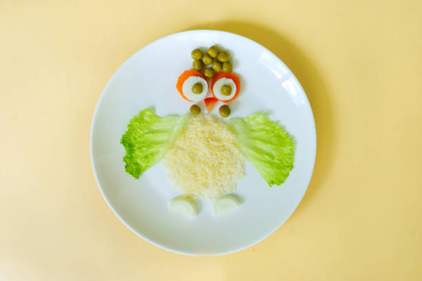 Funny bird made of eggs, vegetables. Food art